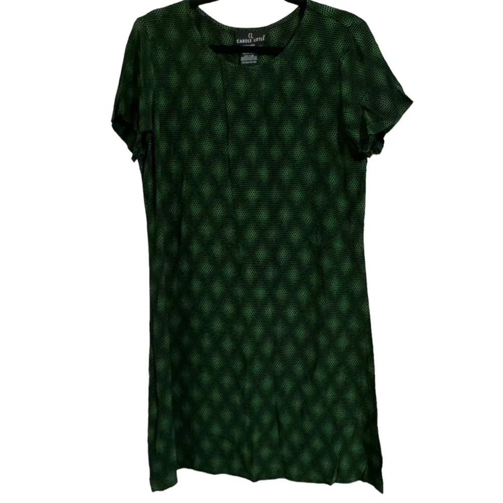 Vintage Carole Little Mini dress Geometric design Neon Kelly Green Black Size 12 - Picture 3 of 7